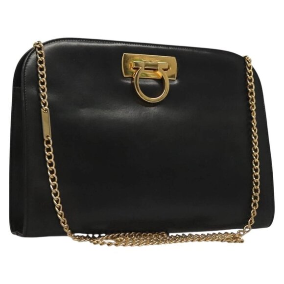 Salvatore Ferragamo Chain Shoulder Bag Leather Black Gold Auth - Picture 2 of 16